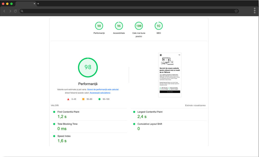 Optimizare site web, scor google page speed